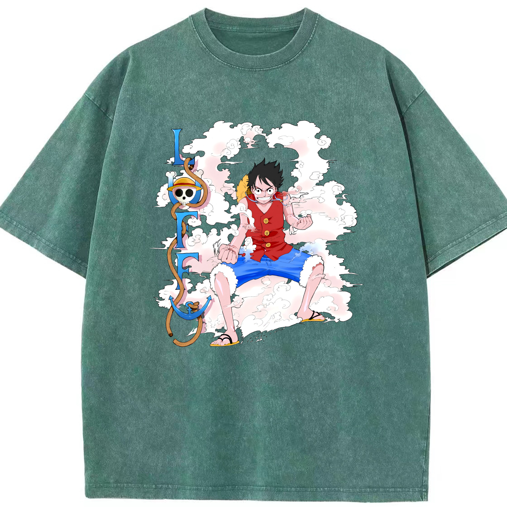 ワンピース モンキー・D・ルフィ ONE PIECE Monkey D. Luffy 綿100% ヴィンテージ風 半袖Tシャツ（フロントプリント）